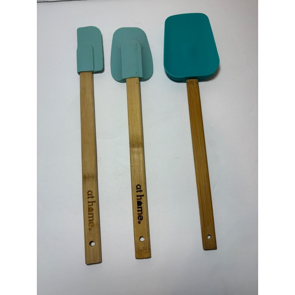 At Home Silicone Spatula Set 3 Piece Teal Aqua Bamboo Handles Kitchen Utensils